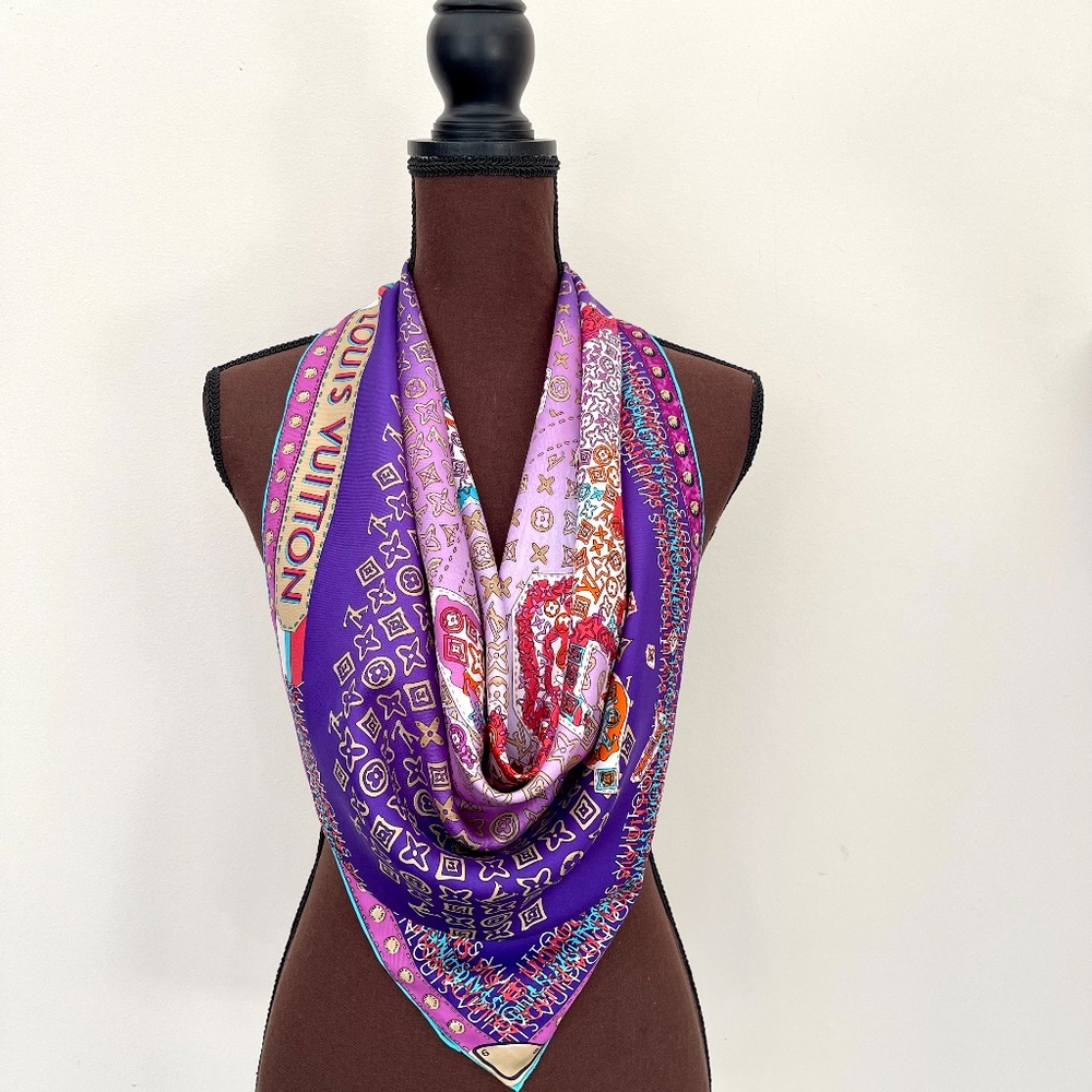 Display # 1 Louis Vuitton Monogram Map Square Purple Silk Scarf - Picture 12 of 16